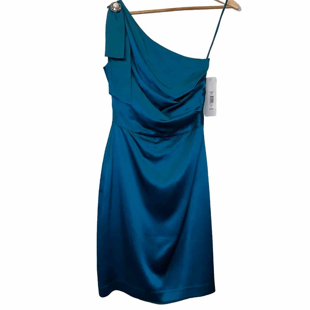 BADGLEY MISCHKA dress silk formal one shoulder SC0096 Grecian mini teal green 2